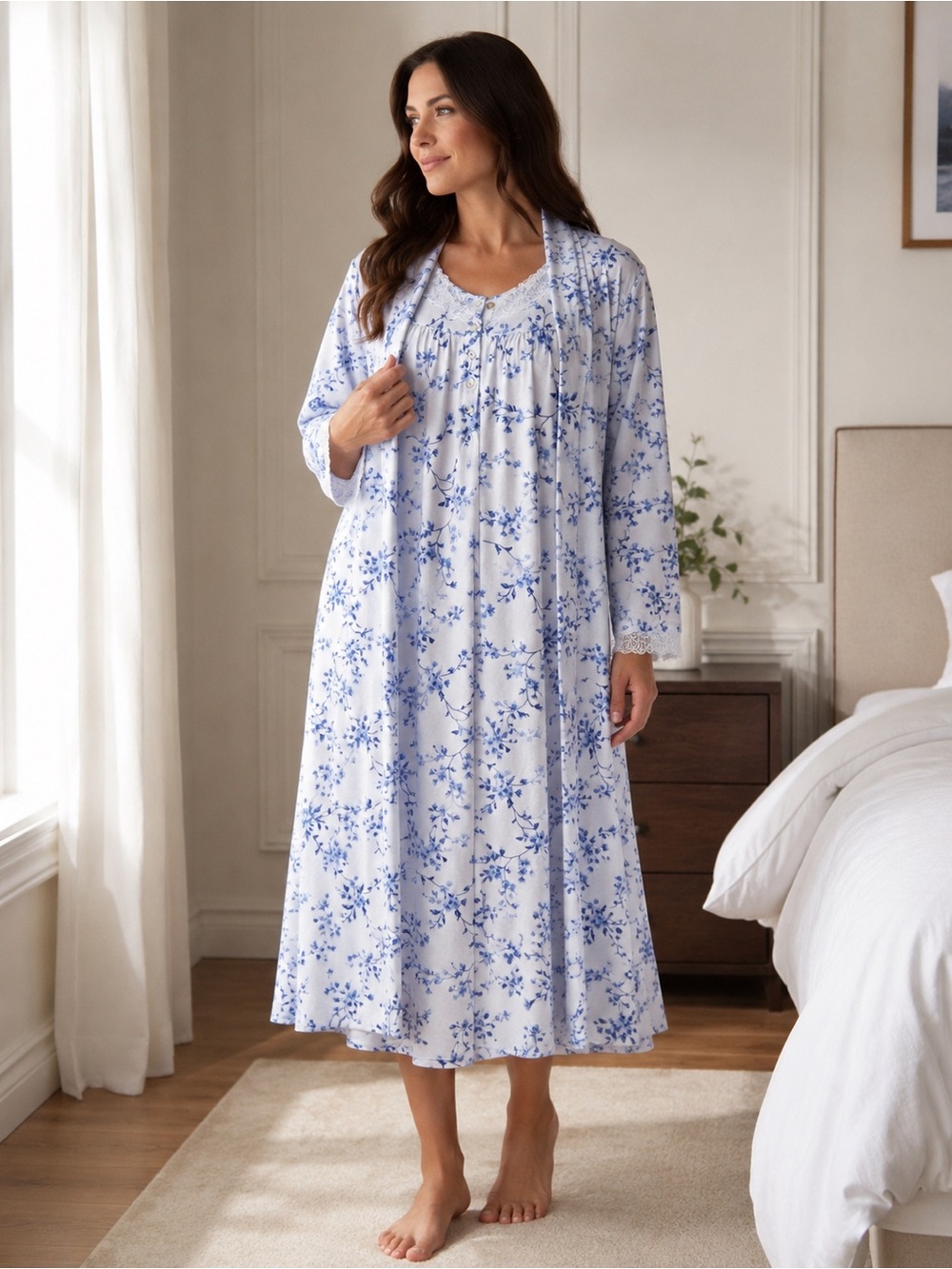 Eileen West | 2pc Cardigan Nightgown Lace Trim Blue Floral Midi Maxi Henley